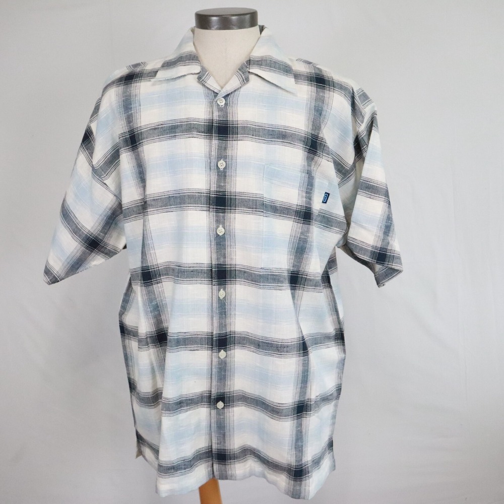 Koman Jeans Shirt Mens Large Outdoor Casual Pocket Button Up Plaid Short Sleeve